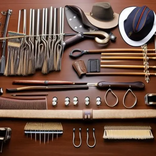 An image showcasing a neatly arranged collection of horse tack essentials: a well-oiled leather saddle, a variety of bridles with shiny bits, neatly rolled bandages, a set of polished horseshoes, and a grooming kit with assorted brushes and combs