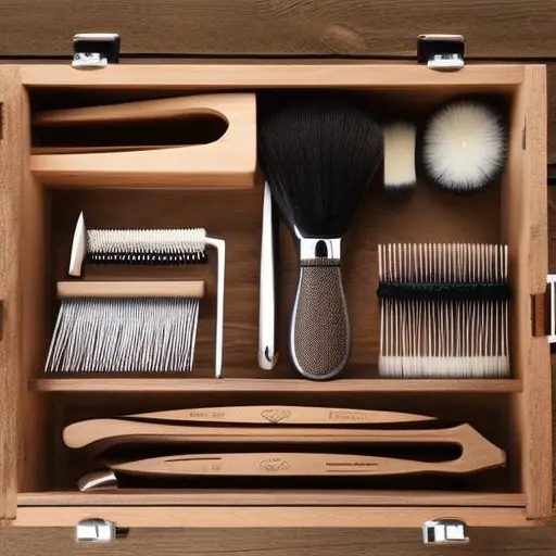An image showcasing a range of horse grooming tools neatly arranged on a wooden grooming box