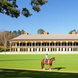 An image showcasing a picturesque equestrian college campus, with students in riding attire gracefully maneuvering horses in a state-of-the-art indoor arena, surrounded by lush green pastures and rolling hills