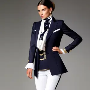 An image showcasing an elegantly dressed equestrian, wearing a tailored navy blazer with gold buttons, crisp white jodhpurs, knee-high black leather riding boots, and a silk scarf tied around the neck