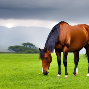 An image showcasing a horse happily grazing in a lush pasture, contrasting with another horse experiencing digestive discomfort from grain