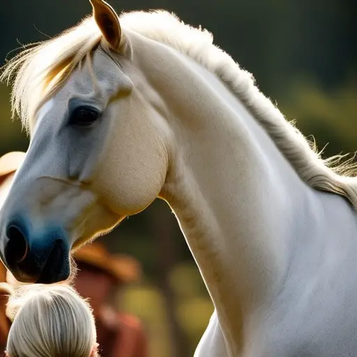 An image depicting a horse confidently leaning its head on a rider's shoulder, both wearing expressions of trust and affection