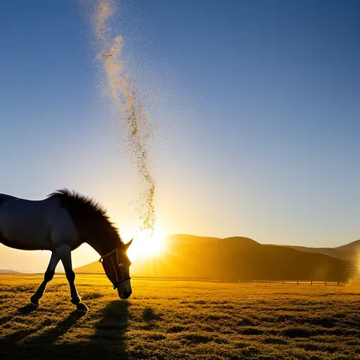 An image capturing a horse in a serene pasture, bathed in golden sunlight