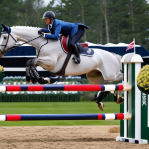 An image showcasing the diverse world of equestrian sports: a powerful show jumper soaring over a colorful obstacle, a graceful dressage horse executing an intricate movement, and a fearless eventer galloping through a cross-country course