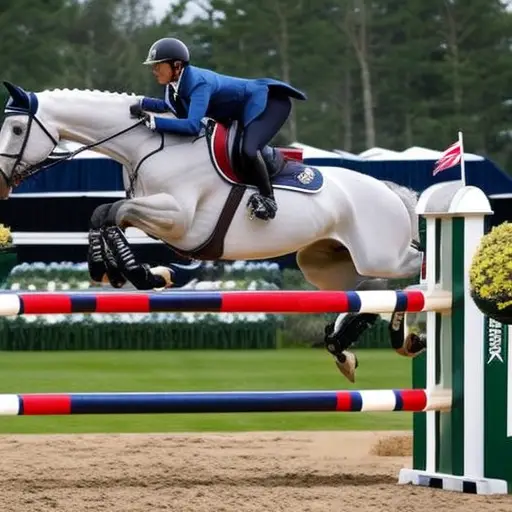 An image showcasing the diverse world of equestrian sports: a powerful show jumper soaring over a colorful obstacle, a graceful dressage horse executing an intricate movement, and a fearless eventer galloping through a cross-country course