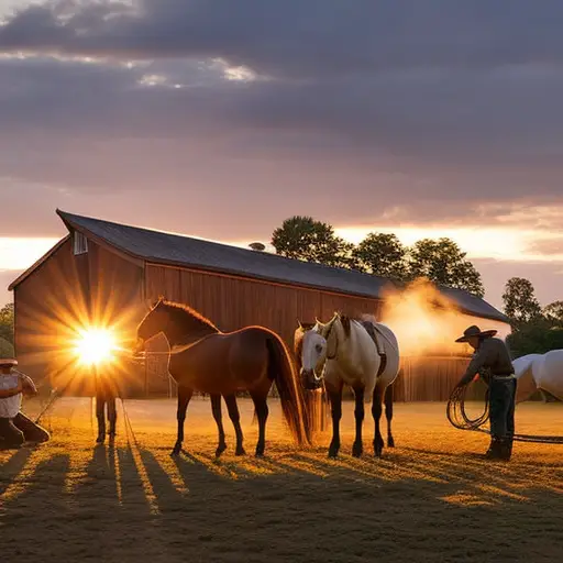 An image capturing the essence of equestrian volunteering: a group of passionate individuals grooming, tacking up, and caring for horses with unwavering dedication, while the sun sets behind a picturesque barn
