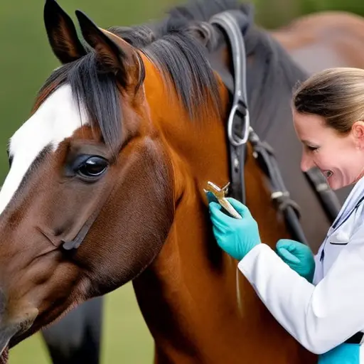 the essence of equine dental health in a vibrant image: a skilled equine dentist, wearing gloves and holding specialized tools, carefully examining a horse's open mouth, while the horse patiently awaits treatment