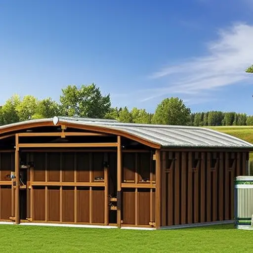 An image showcasing a well-organized horse stable equipped with sturdy wooden stalls, automatic waterers, ample hay racks, neatly stacked saddle racks, a grooming station, and a tack room with organized shelves and hooks