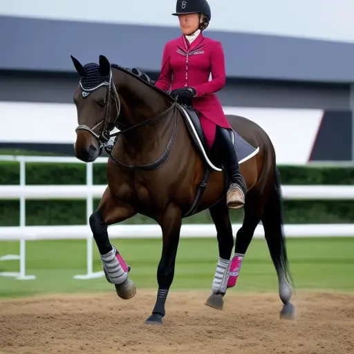 Create an image illustrating an equestrian donning a well-fitted ASTM/SEI certified helmet, secured with a chin strap, while wearing sturdy riding boots with a heel, protective riding gloves, and a body protector vest