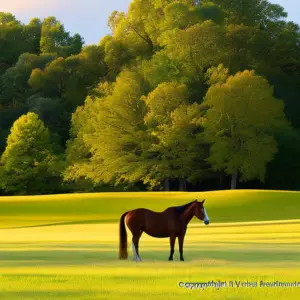 An image of a serene pasture, bathed in warm golden sunlight, where a contented senior horse grazes on lush, nutrient-rich grass