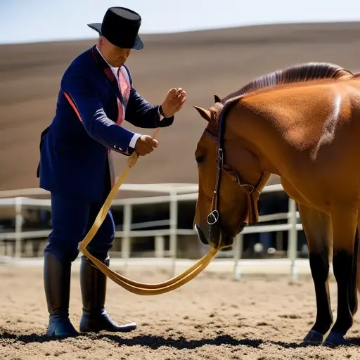 An image of a horse standing calmly beside its handler, both engaged in groundwork exercises