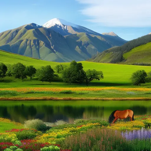 An image depicting a serene equine sanctuary, where horses graze freely amidst lush green pastures, surrounded by vibrant wildflowers