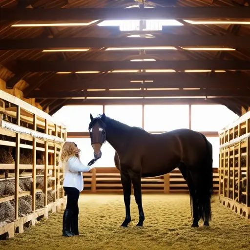 An image showcasing a veterinarian gently administering deworming medication to a majestic horse in a well-lit, spacious barn