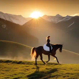 An image of a sun-kissed equestrian gracefully riding a majestic horse amidst a picturesque countryside, exuding freedom and harmony