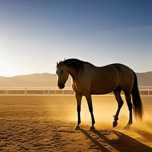 An image capturing a sun-kissed arena with a serene horse standing relaxed, ears forward, gently chewing, eyes soft, neck arched, and tail softly swaying, showcasing the embodiment of a calm and willing equine partner