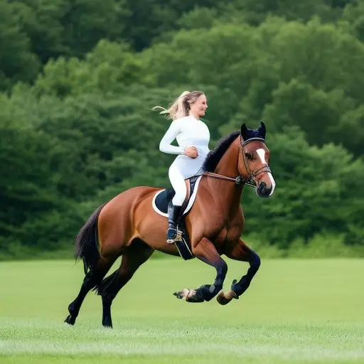 An image of a serene equestrian athlete gracefully riding a horse through a lush, green meadow