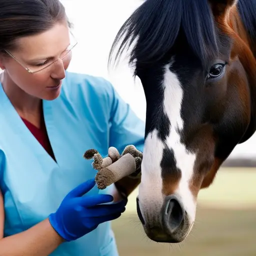 An image showcasing a veterinarian examining a horse's inflamed joint, gently palpating it with gloved hands