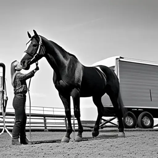 An image showcasing a horse calmly walking up a non-slip ramp into a spacious, well-lit trailer