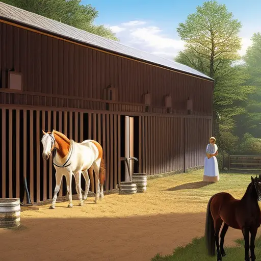 An image showing a serene, sunlit horse stable, with a gentle trainer standing nearby