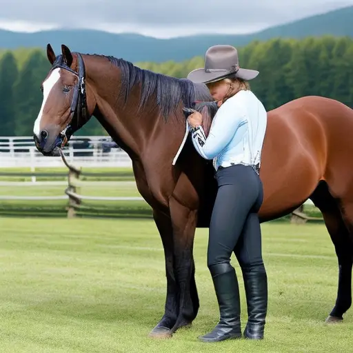 An image that showcases a patient horse trainer, gently coaxing a resistant horse with calm demeanor, using a soft rope halter and a firm but gentle touch, with a serene meadow backdrop
