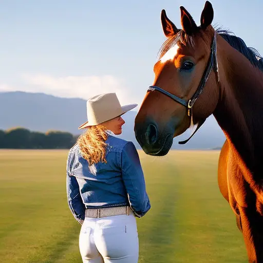 An image capturing the serene moment of a horse and its handler standing side by side in a sun-drenched pasture, their eyes locked with unwavering trust and a gentle touch bridging the gap between them