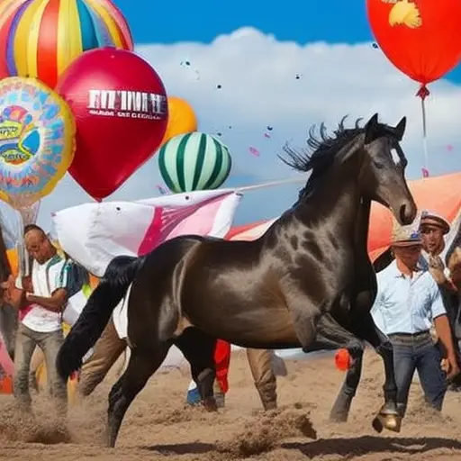 An image depicting a horse calmly standing amidst a chaotic scene: colorful balloons floating, a rustling tarp nearby, a person gently waving a flag, while others toss rattling plastic bags
