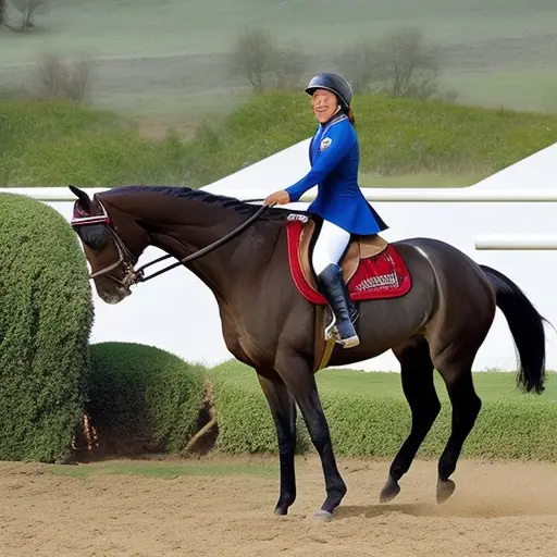 an uplifting moment of horse training: A rider, beaming with joy, gently strokes her horse's neck as it gracefully performs a flawless jump, both relishing in the harmonious bond built through positive reinforcement