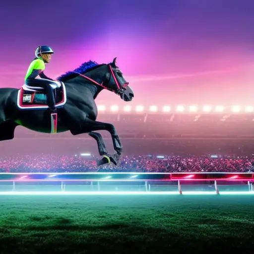 An image capturing a futuristic equestrian stadium bathed in ethereal neon lights, where holographic jockeys race alongside sleek, high-tech robotic horses, symbolizing the harmonious integration of technology into the equestrian sports and lifestyle