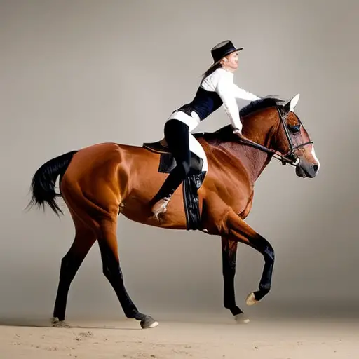 An image capturing a horse and trainer engaged in a graceful dance, displaying perfect synchronization and fluidity of movement