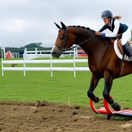An image showcasing a well-groomed rider wearing a helmet and boots, confidently guiding their horse through an obstacle course, demonstrating proper horse riding etiquette