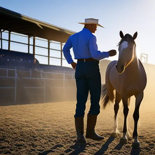 an image of a seasoned horse trainer, standing tall in a sunlit arena, calmly coaxing a nervous horse to overcome obstacles