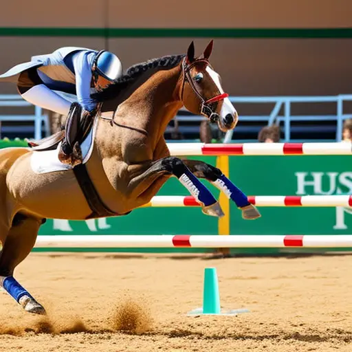 An image of a muscular horse gracefully jumping over a series of colorful obstacles in a sunlit arena, showcasing the power, agility, and finesse that regular exercise brings to horse training