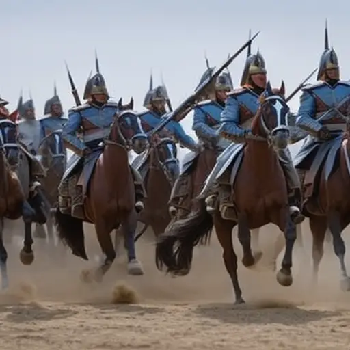 An image showcasing an ancient cavalry charge, capturing the intricate choreography of mounted soldiers maneuvering with precision, their steely determination reflected in their poised postures and gleaming armor
