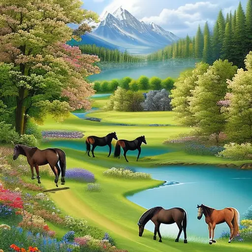 An image capturing the harmonious blend of equestrianism and environmentalism: a lush green pasture where horses roam freely, surrounded by vibrant wildflowers, with a backdrop of majestic trees and a crystal-clear stream meandering through the scene
