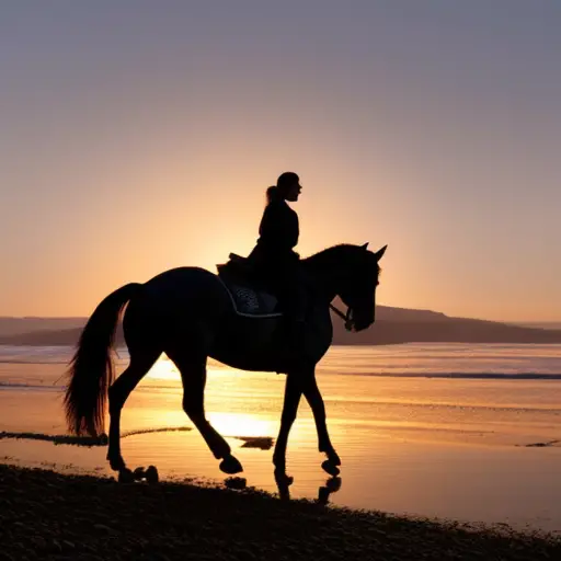 An image showcasing a serene sunset backdrop, with a horse and rider silhouetted against the sky, as they peacefully bond through horse riding therapy, symbolizing the profound connection between equine companionship and mental wellbeing