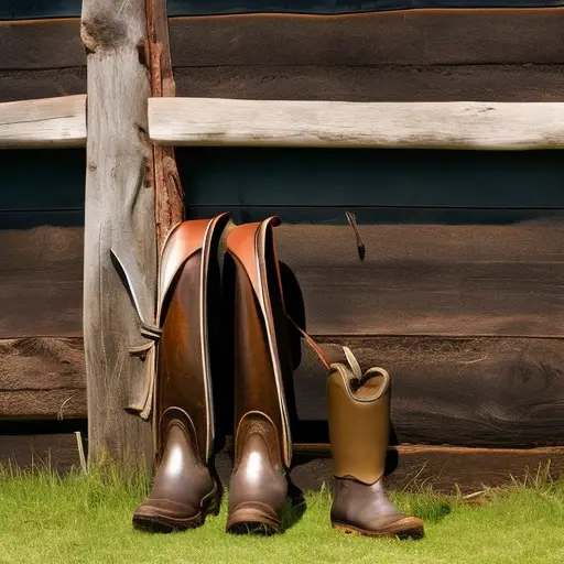 An image featuring a well-worn leather saddle resting on a wooden fence post, adorned with a weathered bridle and a pair of worn riding boots nearby, symbolizing the essential role of equipment in effective horse training
