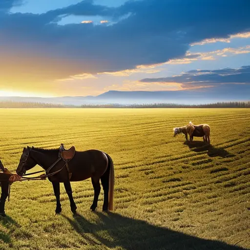 An image showcasing a serene, sun-drenched farmland scene, where a sturdy draft horse, adorned with leather harness, effortlessly plows the rich, fertile soil alongside a farmer, symbolizing the enduring partnership between horses and modern agriculture