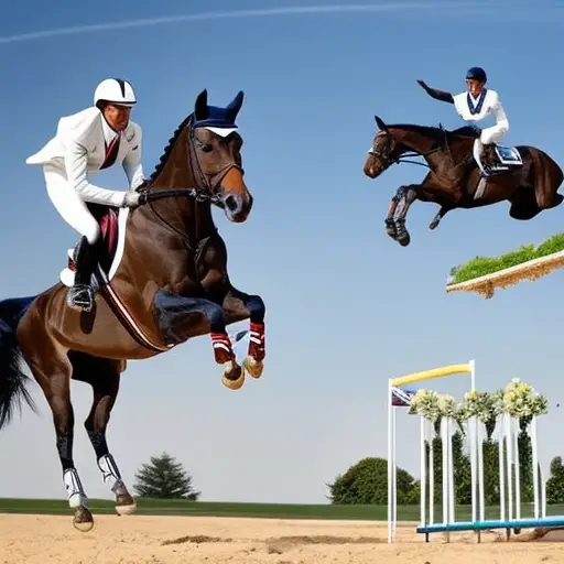 An image showcasing a majestic horse and rider, perfectly synchronized in mid-air over a high jump, capturing the grace, power, and harmony that epitomize the profound significance of equestrianism in the Olympic Games