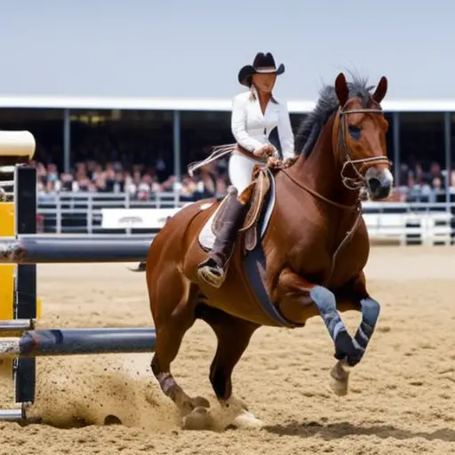 An image showcasing a horse with a rider elegantly executing a dressage movement, surrounded by a jumping obstacle course, while a cowgirl demonstrates her skills in a western rodeo event in the background