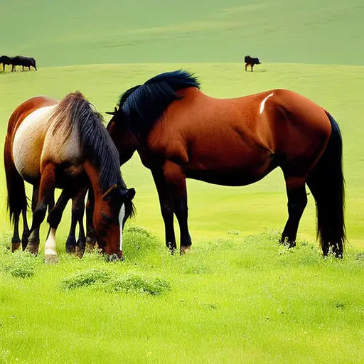 Nt image capturing a herd of horses grazing peacefully in a sun-kissed meadow, showcasing their social bonds through gentle nuzzles and relaxed body language