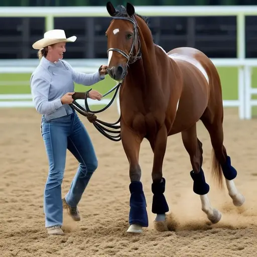 An image featuring a skilled horse trainer gently guiding a young horse through a series of obstacles, showcasing the intricate communication and trust-building that underpins the equine learning process